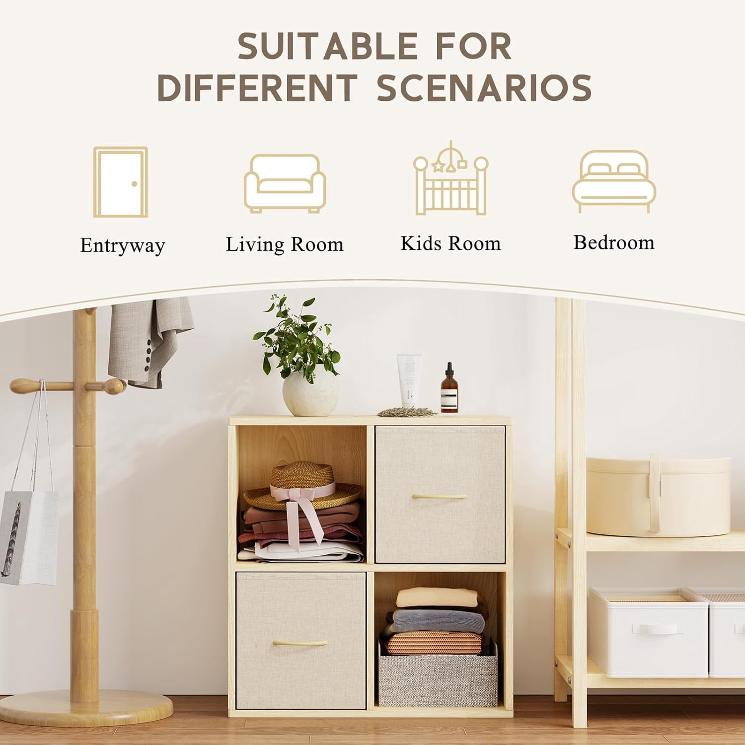 4 Cube Storage Organizer - Solid Wood Bookshelf with 2 Storage Bins, Cube Shelf with 2 Removable Back Panels, Vertical or Horizontal Bookcase, Open Book Shelf for Bedroom, Living Room, Office