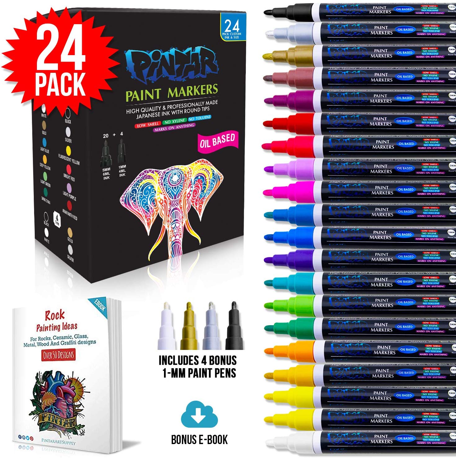 PINTAR Premium Oil Paint Pens 24 Pack 20 Medium Tip 5mm 4 Fine 