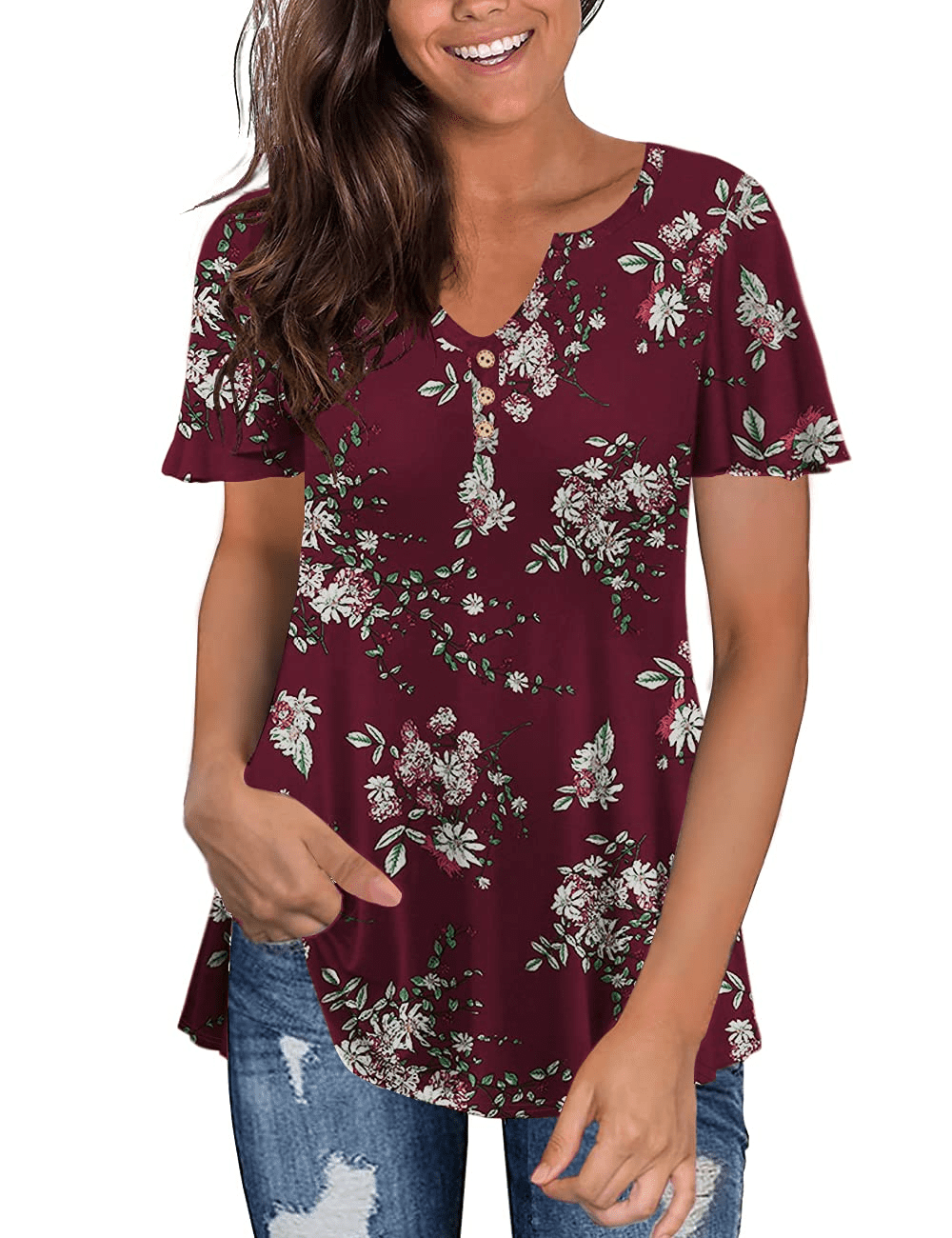 V Neck Floral Henley Tunic Tops 