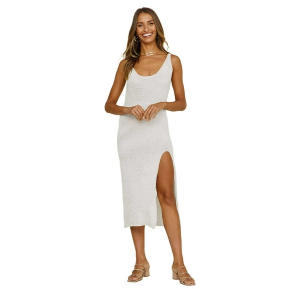 Beige Crochet Tunic Sexy Sleeveless U-Back Kinited Dress Summer Clothes Women Beach Wear Swim Suit Cover Up