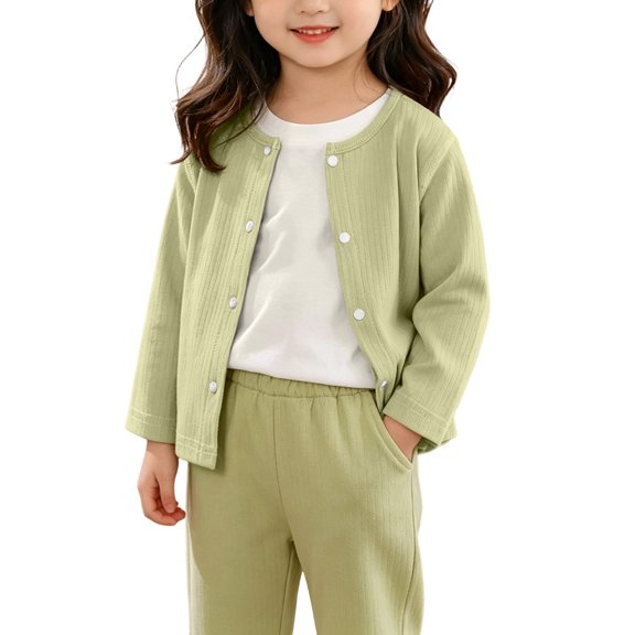 Girls Long Sleeve Ribbed Knit Cardigan Round Neck Snap‑Button Open Front Jacket Green 12-18 Months