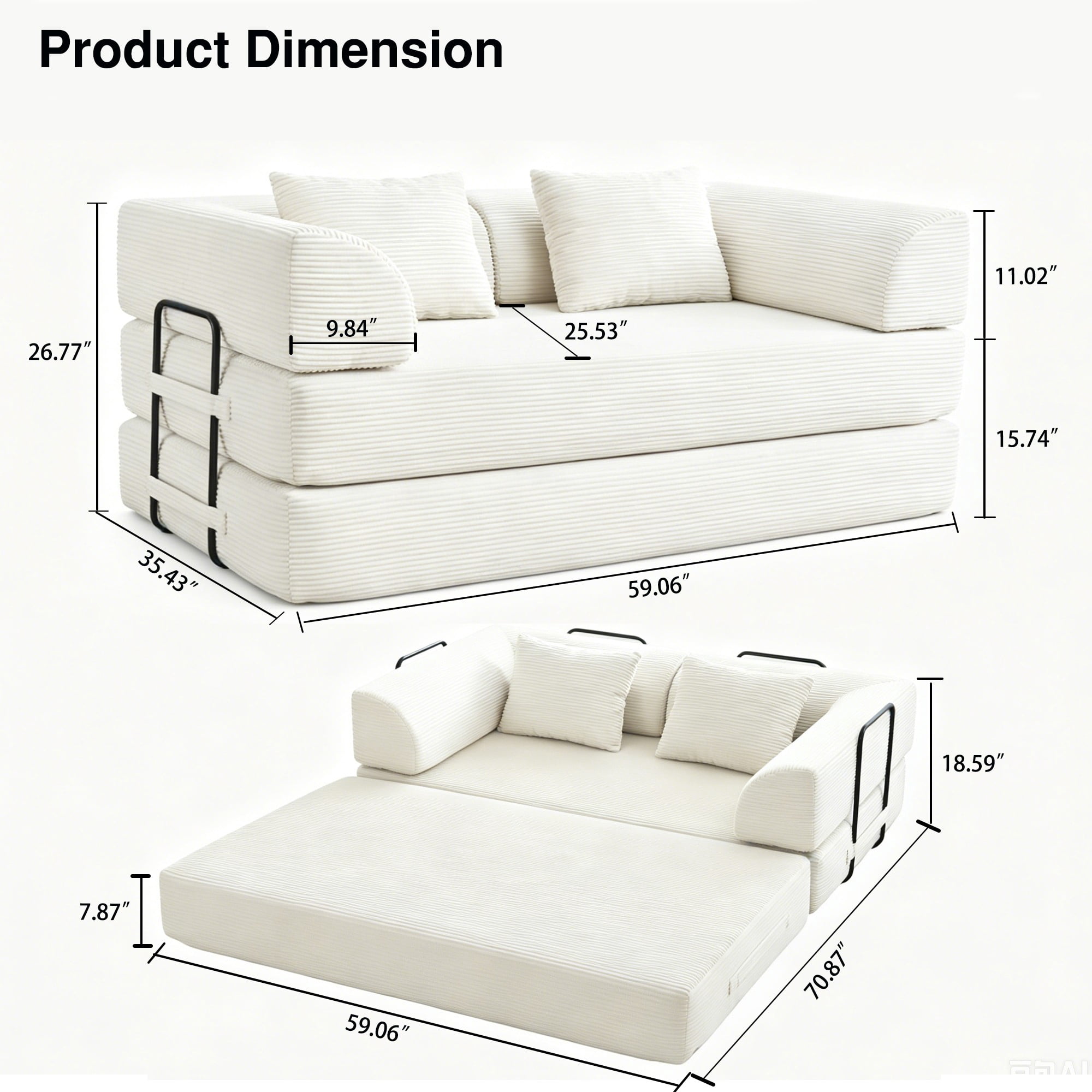 BSHTI 59" Corduroy Convertible Sleeper Sofa Bed with Cylindrical Pillow, No Assembly, Small Space for Living Room（Beige White）