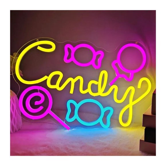 Letreros De Neón De Caramelo Para Decoración De Pared, , Tienda De Piruletas De Caramelo, Fiesta Familiar, Interruptor De Atenuación USB, 39cm×27.3cm