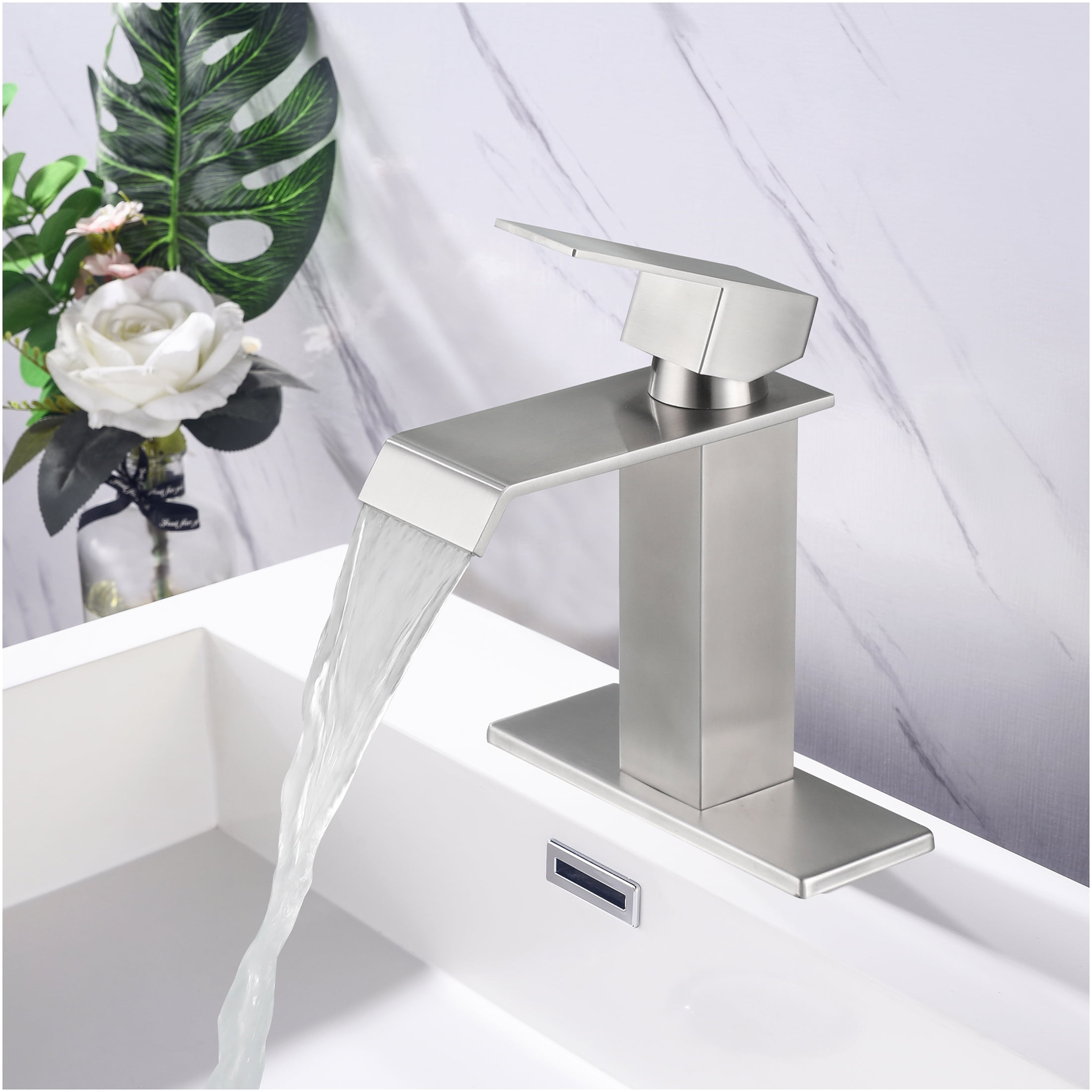 JERFIT Brushed Nickel Single Handle Bathroom Sink Faucet, Waterfall Spout Vanity Faucet with Pop-Up Drain, 1-Hole Mount, CUPC Certified