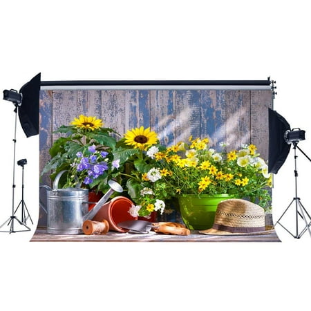 ABPHOTO Polyester 7x5ft Spring Garden Tool Backdrop Straw Hat Blooming Fresh Flowers Sunshine Color Painted Vintage Stripes Wood Board Nature Photography Background Kids Adults Photo Studio Props