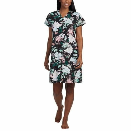 Miss Elaine Womens Short-Sleeve Floral Snap Front Nightgown Gown Black Floral M