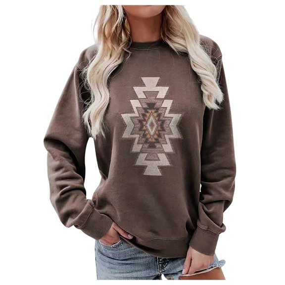 IROINNID Long Sleeve T-Shirts for Women Home Printing Round Neck Loose T-Shirt Autumn Blouse Pullover Tops Hoodless Sweatshirts,Coffee