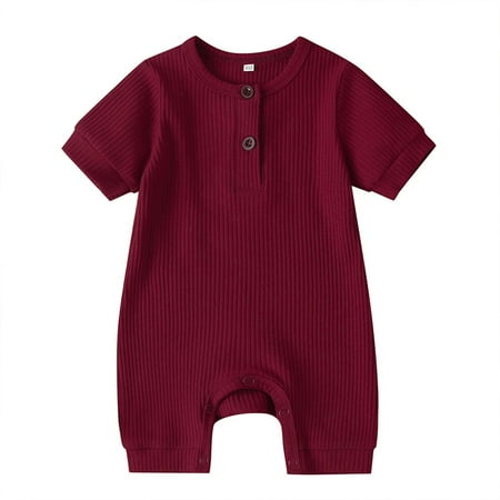 

Nokiwiqis Baby Short Sleeve Jumpsuit Solid Color Knit Rib O Neck Button Romper