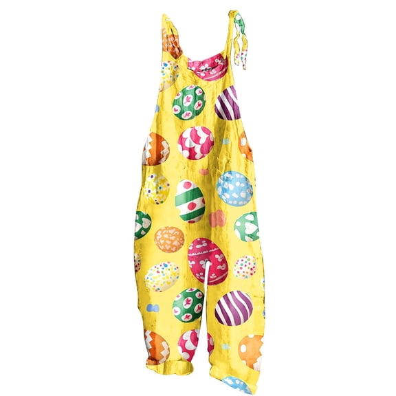 Cavosen Wide Leg Overalls for Women Easter Oversized Jumpsuits Wide Leg Long Overalls with Pocket Decorated Eggs Casual Rompers
