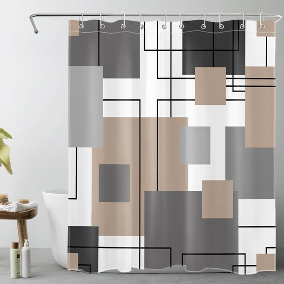HVEST Abstract Geometric Shower Curtain, Brown Gray White Abstract Pattern Shower Curtain - Modern Geometric Bathroom Decor, Waterproof Polyester Fabric, Includes 10 Hooks, 60x72 Inches