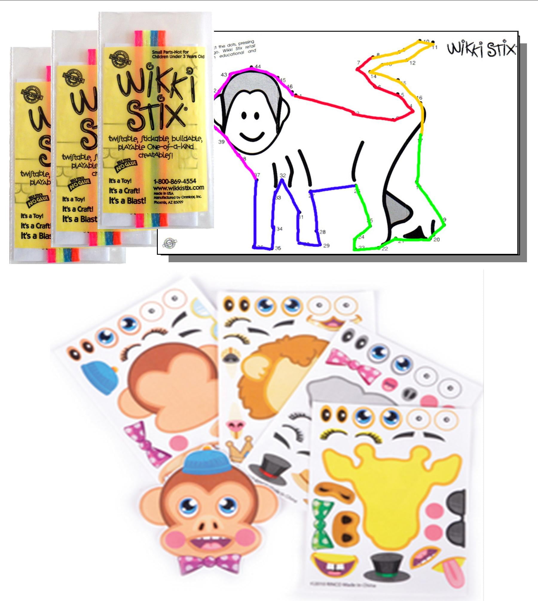 SUPER SECRET SURPRISE SACK Zoo Animal Stickers & Wikki Stix Party Favor Pack - 24 Pc (12 Make-a-Zoo Stickers & 12 Pkgs of Wikki Sticks)