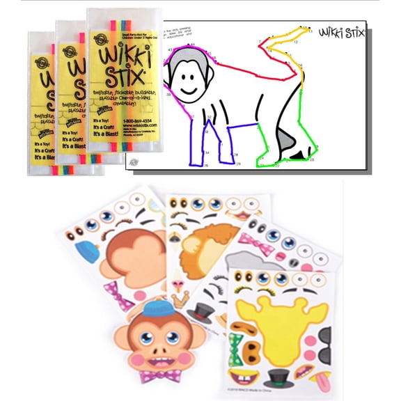 Zoo Animal Stickers & Wikki Stix Party Favor Pack - 24 Pc (12 Make-a-Zoo Stickers & 12 Pkgs of Wikki Sticks)
