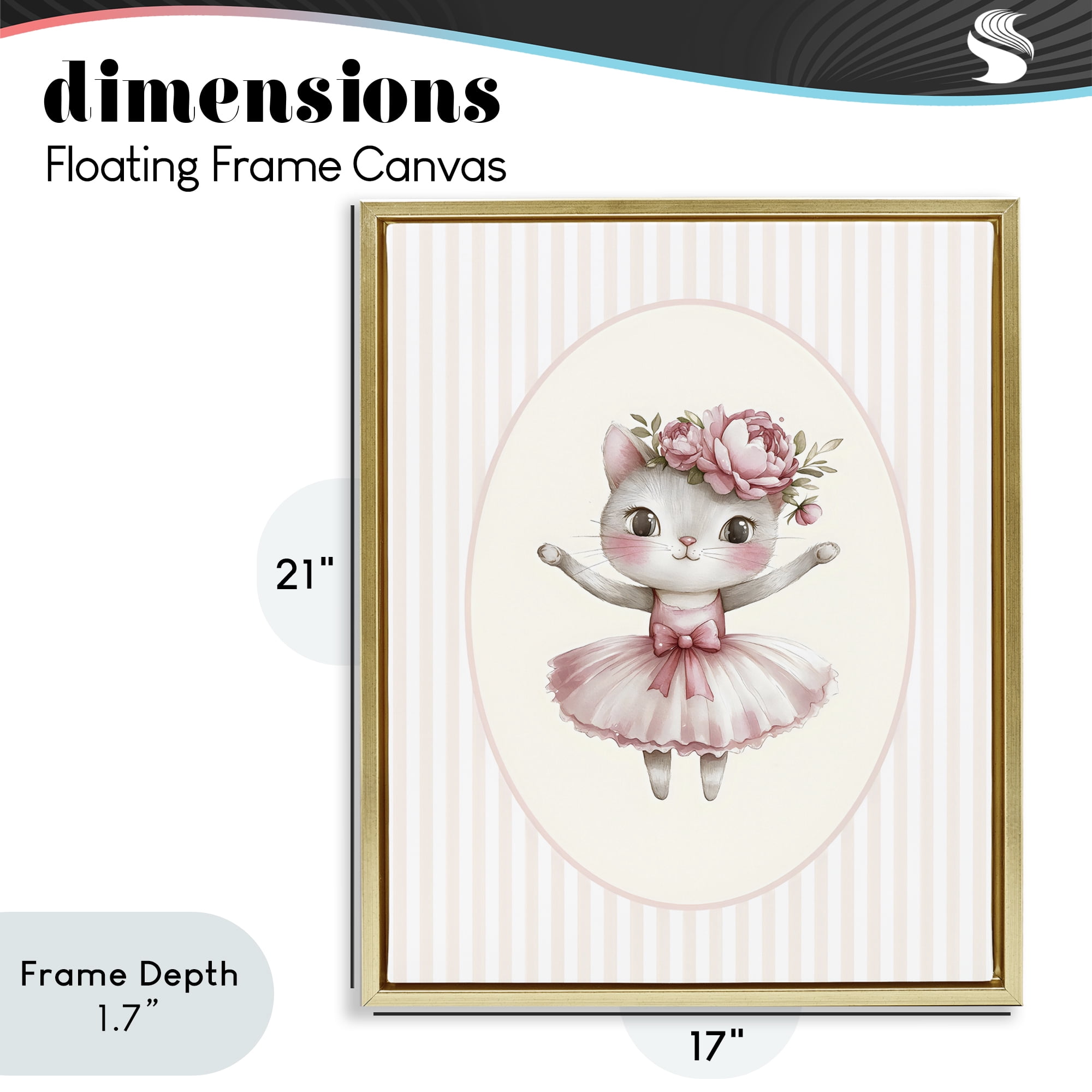Stupell Industries Nursery Ballerina Cat Striped Gold Framed Floater Canvas Wall Art, design by LSR Design Studio