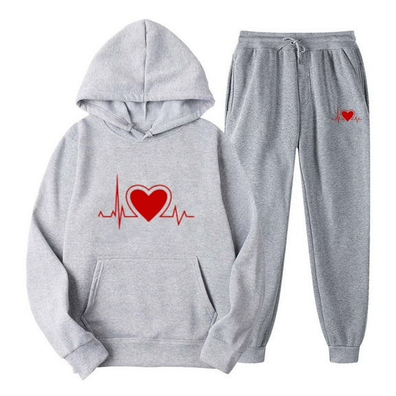 Usmixi Holiday Hoodies Sets for Women Hooded Sweatsuit Sets for Women Plus Size Classic ECG Print Sweatshirt and Drawstring Jogger Sweatpant Lounge Set Pocket Tracksuit Set up to 60% off