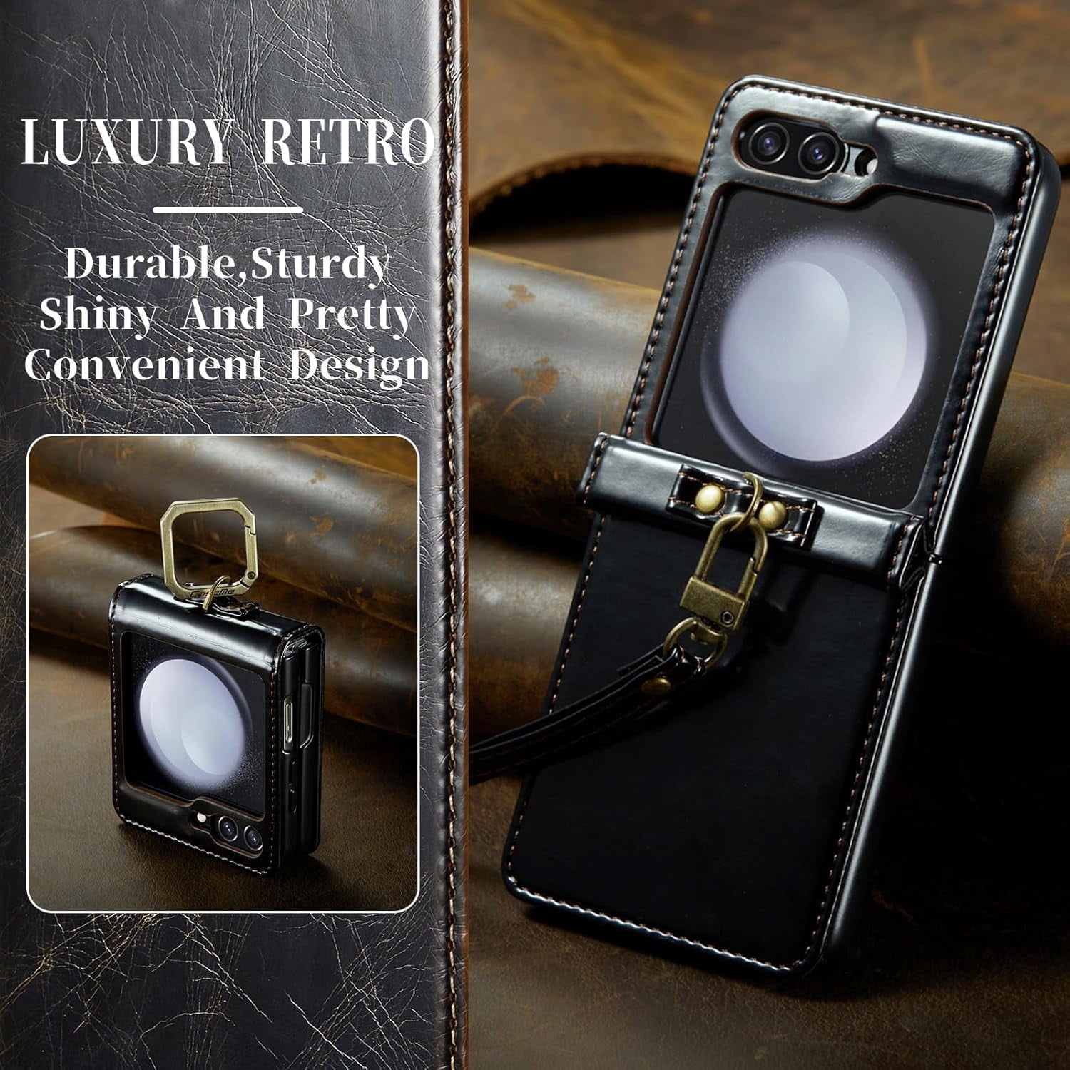 Phone Case for Samsung Galaxy Z Flip 5 5G 2023 with Lanyard Wrist Strap Thin Slim PU Leather Shockproof Hard Shell Protective Cell Cover ZFlip5 Z5 G Flip5 5Z Women Girls Black