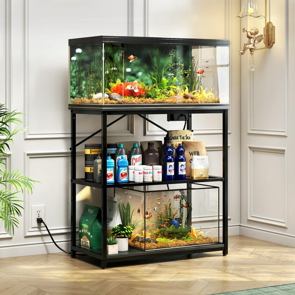 TC-HOMENY Fish Tank Stand 10-37 Gal, Aquarium Stand with Adjustable Shelf w/ 1000LB Load Capacity, Multipurpose Metal Reptile Tank Stand w/ Double Storage Design & Adjustable Shelves, Black