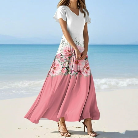 GXIPO Women s Elegant High Waist Dress Floral Empire Waist Maxi Dress Flowy Chiffon Beach Vacation Dress Light pink S