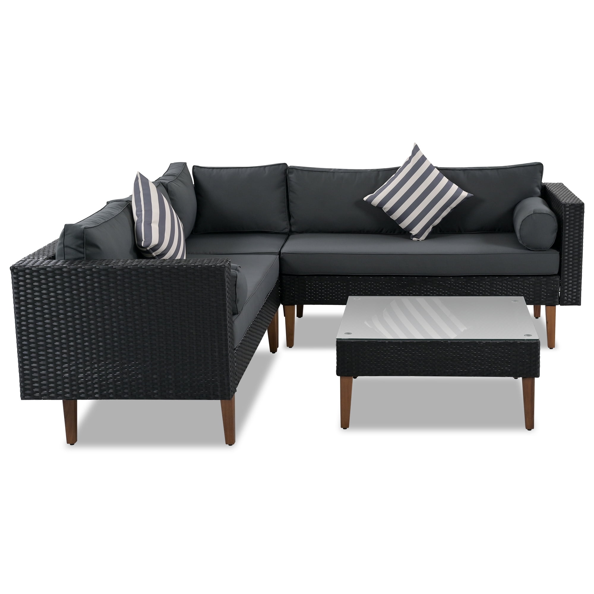 Harper & Bright Designs Outdoor Wicker Sofa Set with Coffee Table, 4 Pieces Patio Rattan Modular Conversation Set with Wood Leg, All Weather PE Wicker L Shaped Couch for Garden Backyard, Black+ Gray