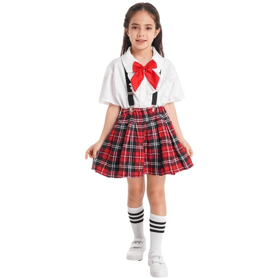 Doomiva Kids Girls British Style School Uniform Suit Lapel Short Sleeve Shirt Top with Plaid Skirt Tie Knot Set A White 14
