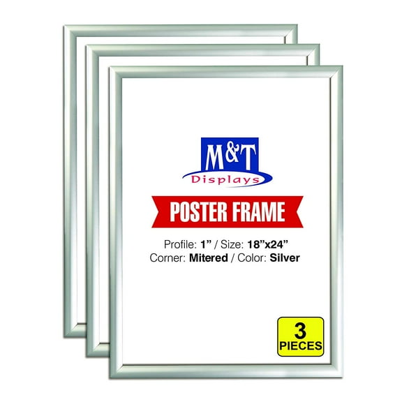 M&T Displays Snap Frame 18x24 Inch Poster Size, 1 Inch Silver Color Aluminum Profile, Front Loading, Mitered Corner (3 Frames)