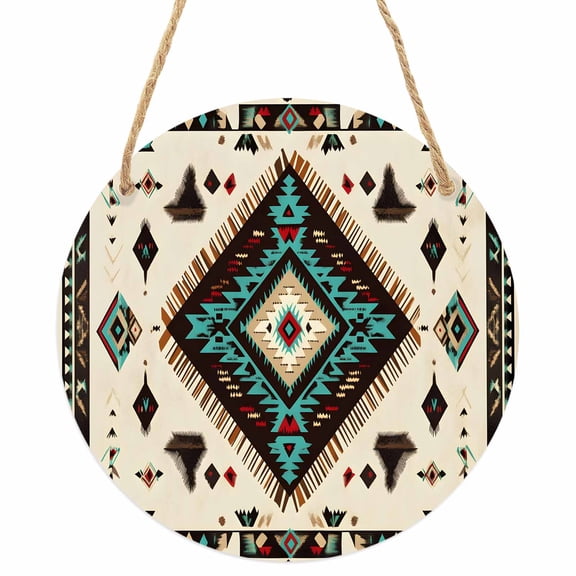 Red Teal Brown Southwestern Round Front Door Welcome Sign, 7.8 Inch Wall Hanging Decor for Indoor Outdoor, Ethnic Geometric Boho Retro Home Porch Hanger Decorations for Holiday Gift