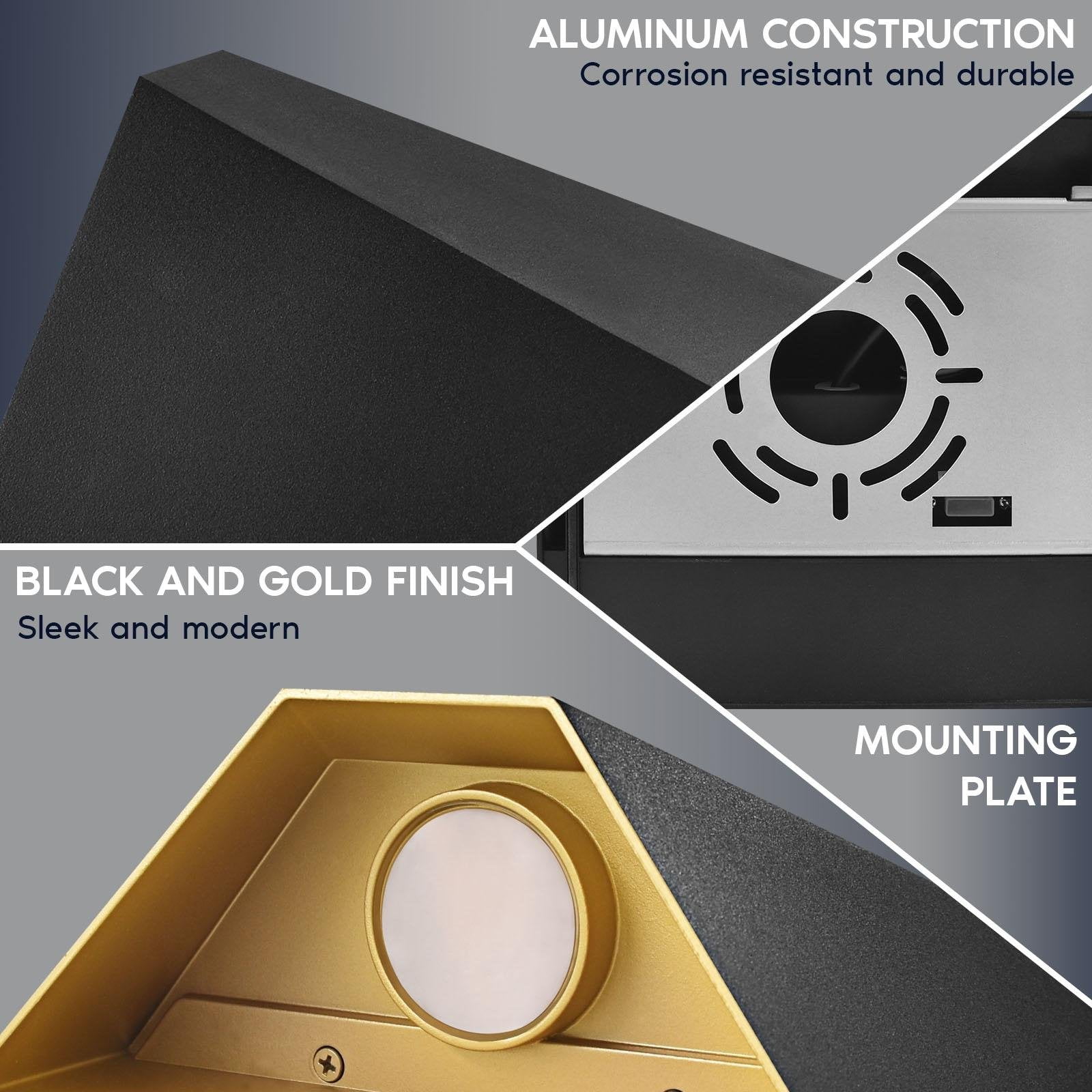 Luxrite Outdoor LED Black and Gold Wall Sconce, 9W, 3CCT 3000K-5000K, 6", Aluminum, IP65, ETL