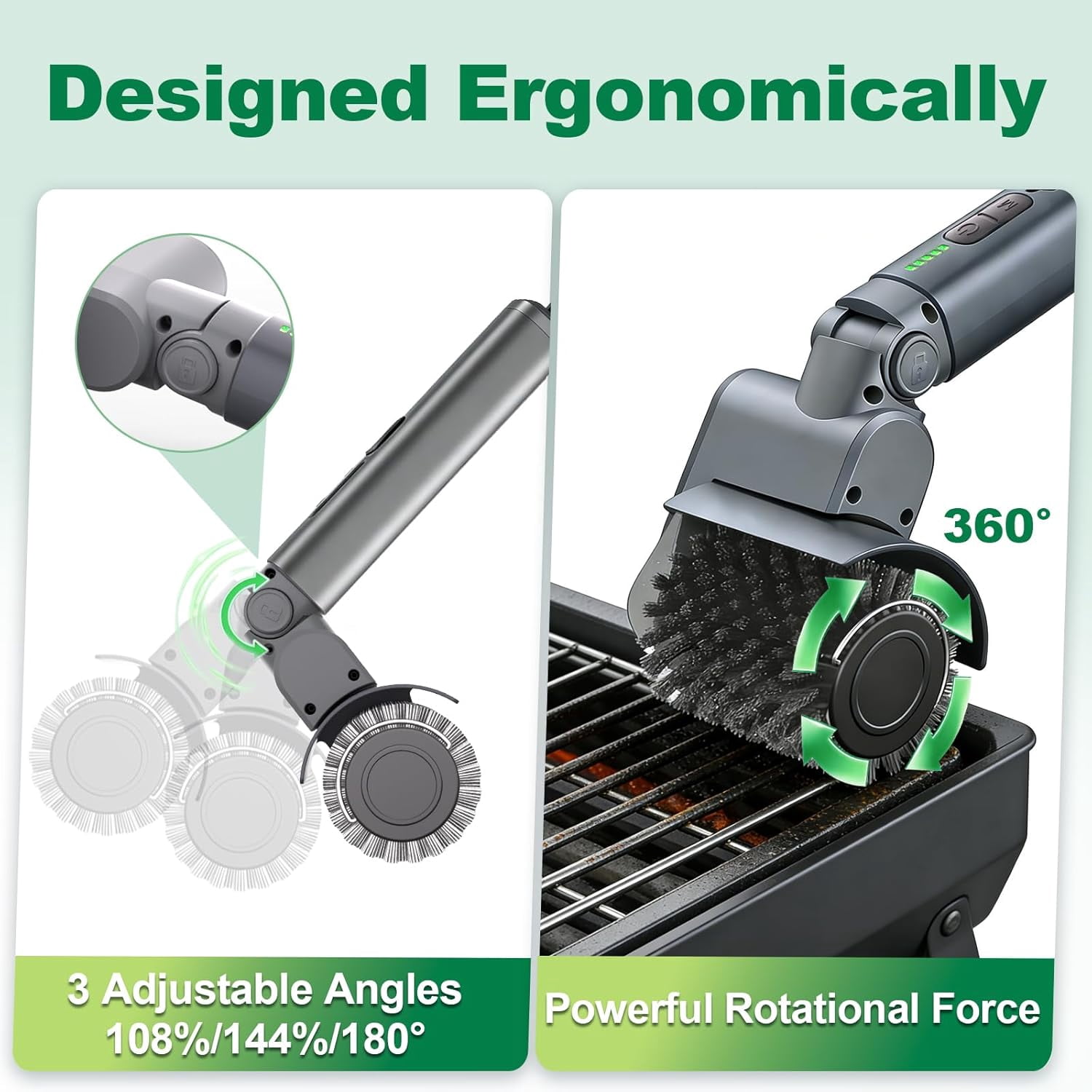 2026 New Electric Grill Brush with 3 Replacement Head,3-Speed Power Control,Cordless Rechargeable Grill Cleaning Brush with Adjustable Angle,Cleaning Tool for Outdoor BBQ,No Bristle Shedding-Gray