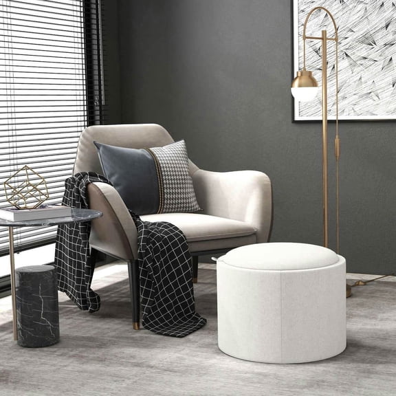Yardi Yarda Round Ottoman Stool with Flip Top Tray, Linen Fabric Upholstered Footstool with Hidden Compartment, Storage Footstool for Indoor, White