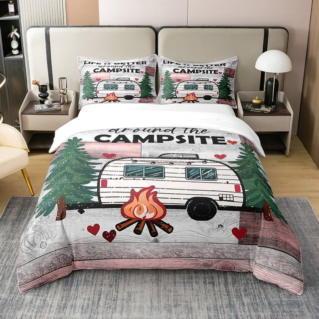 Erosebridal Housse de Couette Rustique pour Roulotte 100 % Coton, Ensemble de Literie Simple « Happy Camping » Décorations de VR pour l'Intérieur, Ensembles de Lit en Planches de Bois, Housse de Courtepointe pour Roulotte de Chalet 2 Pcs Respirante (Sans Couette)