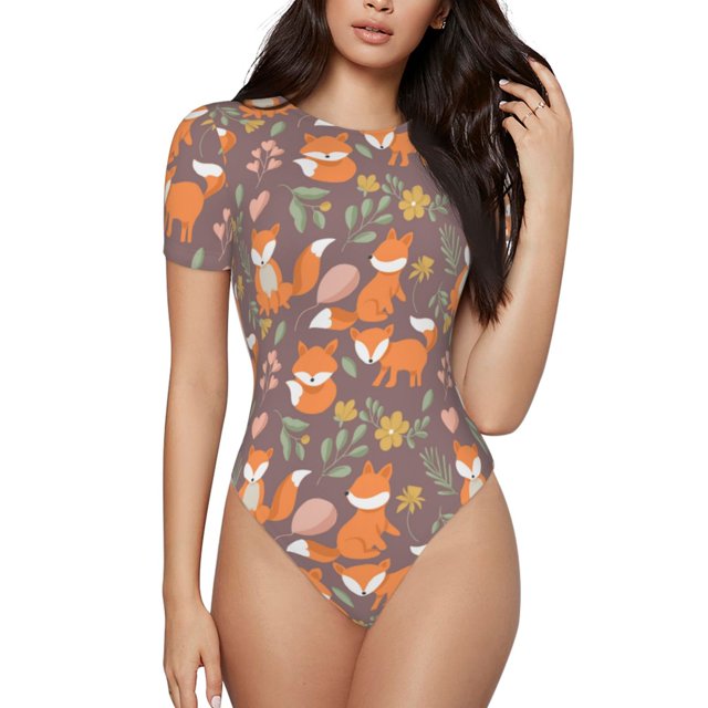 Balery Cute Little Fox Body de cuello redondo de manga corta para mujer Tops de manga corta Tops básicos-Large