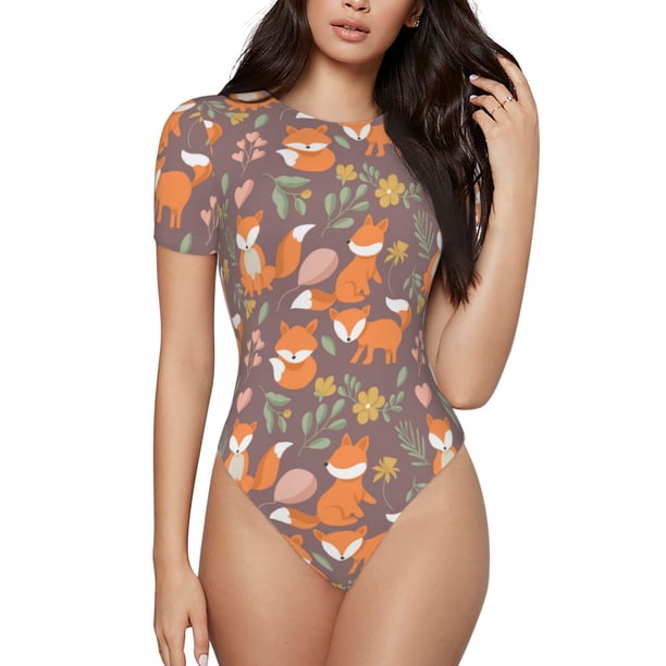 Balery Cute Little Fox Body de cuello redondo de manga corta para mujer Tops de manga corta Tops básicos-X-Large