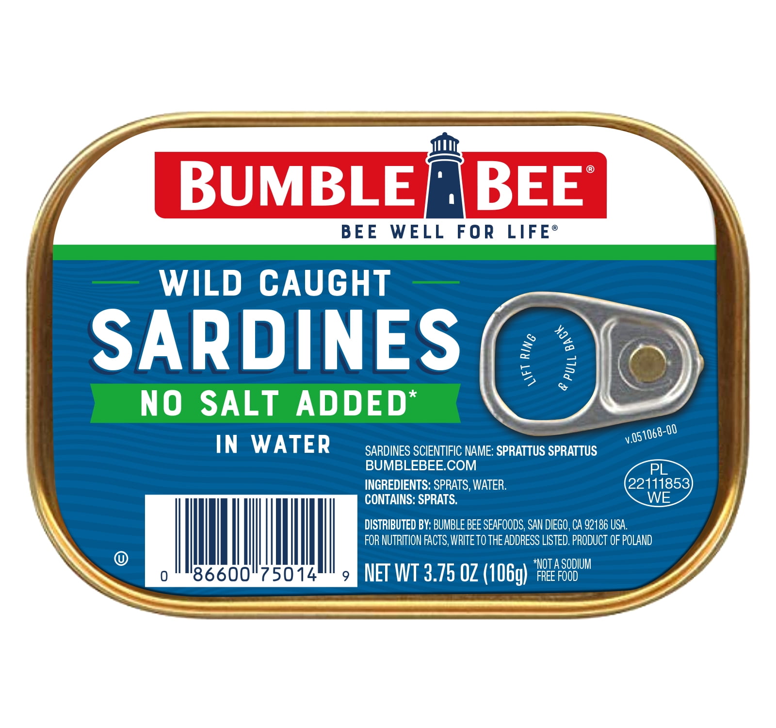 (12 pack) Bumble Bee Sardines in Water with No Salt Added, Wild Caught, Gluten Free, 12g Protein per Serving, Shelf Stable Tin Can, 3.75 oz