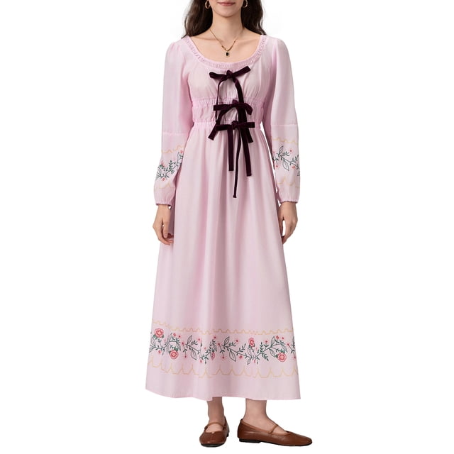 Gupgi Robe Fleurie pour Femmes, Robe à Carreaux avec Nœud à l'Avant, Boho, Manches Longues, Volants, Robes Fluides