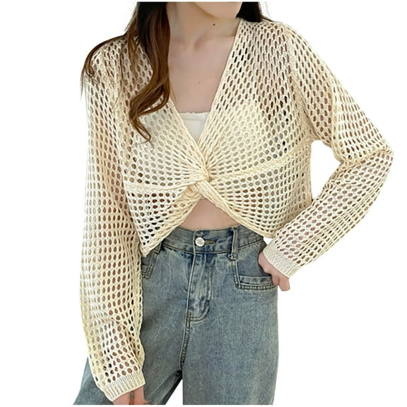 Womens Crochet Lightweight Cardigans Long Sleeve Hollow Out Knit Sweaters Mesh Beach See Through Cover Up