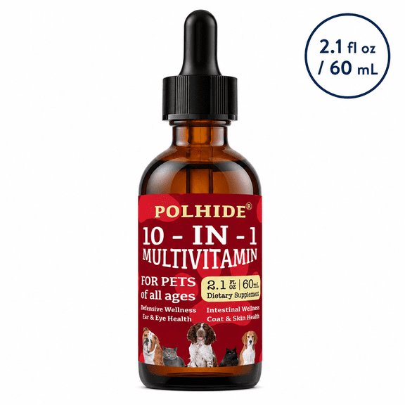 POLHIDE 10-in-1 Multivitamin Dog and Cat Liquid Supplement, Vitamin C, D3, B Vitamins, Glucosamine, Cranberry & MSM, 2.1 fl oz / 60 mL
