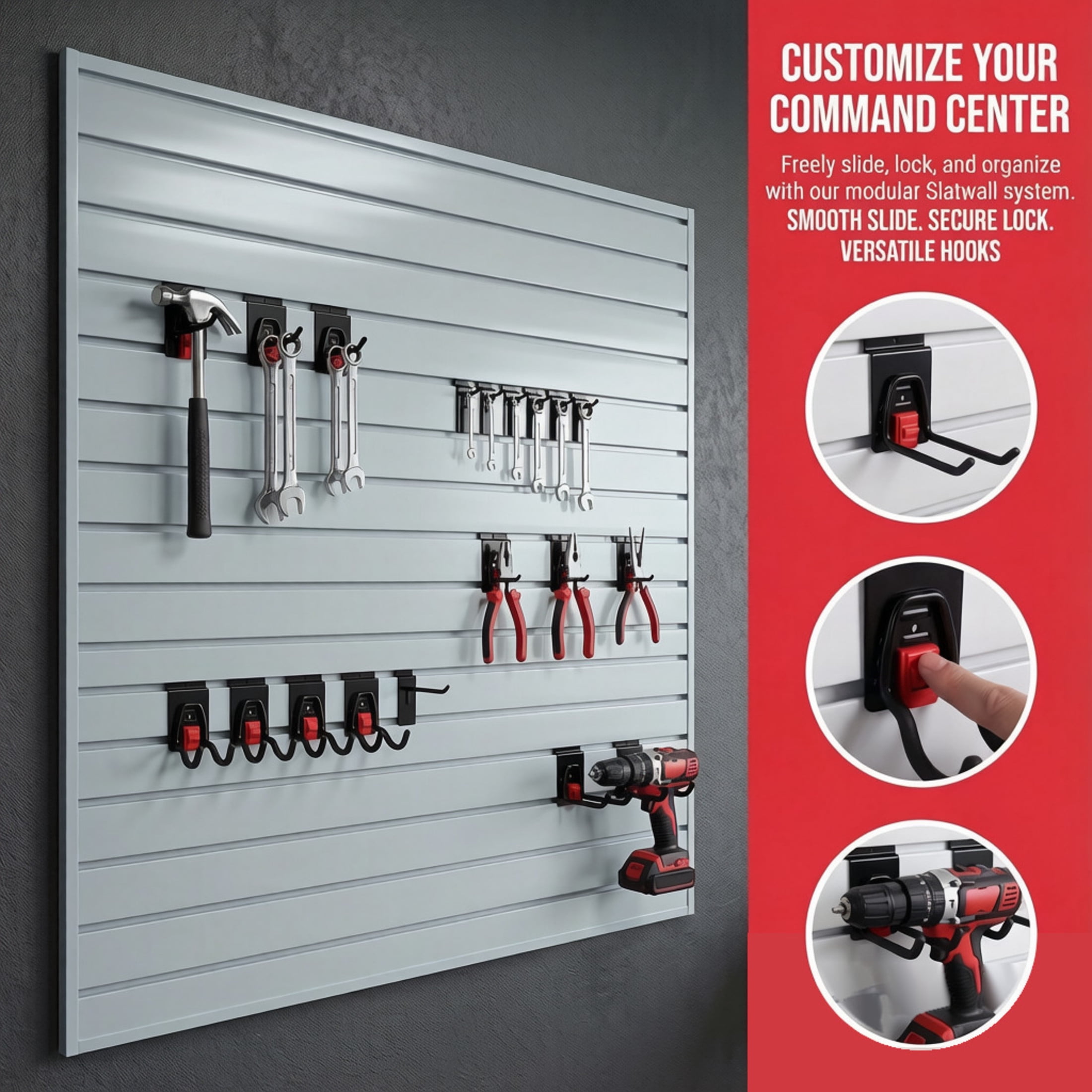 GDF Studio 4x4FT PVC Slatwall Panel Kit Garage Storage System with 12 Hooks, Lightweight Water-Resistant Panels, Grey