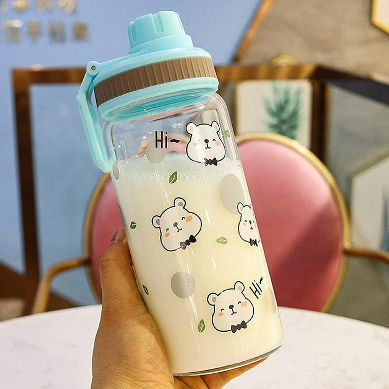 Water Bottle Cartoon Bear Cute Water Bottles Milk Juice Coffee Glass Water  Bottle with Straw, Portable Leakproof Water Cup for Girls Boys, BPA Free,  15 oz (Ice Cream Bear) 