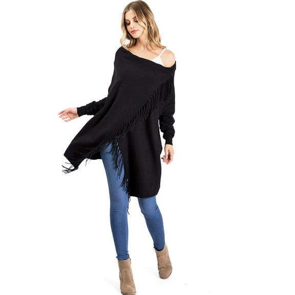Love Tree Women's Soft Cozy Fringe Convertible Poncho Cardigan (Black, S)