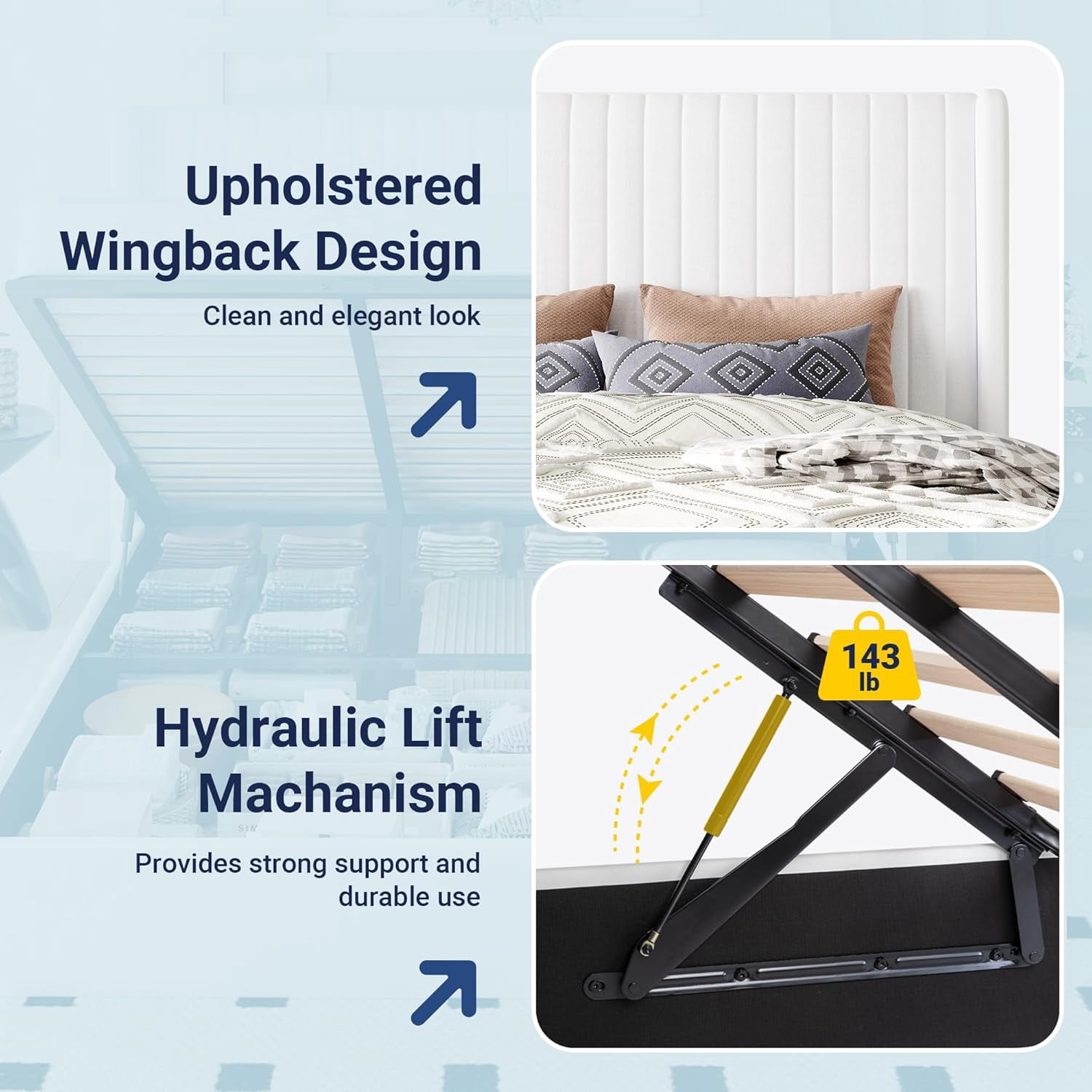 Allewie King Size Lift Up Storage Bed Frame, Hydraulic Support System, Upholstered Platform Bed Frame, Vertical Channel Tufted Headboard with Wingback, White