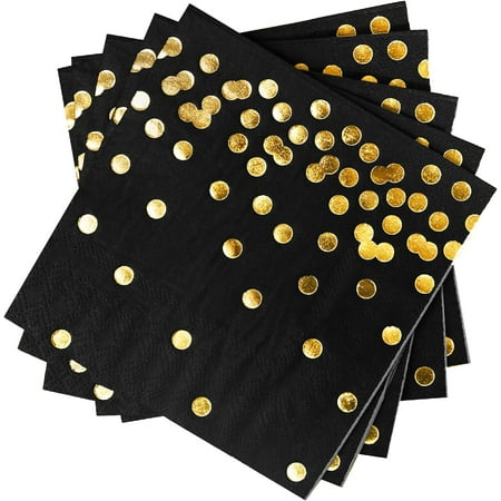 100 pack black and gold paper napkin disposable, cocktail napkins for anniversary dinner lunch mans birthday party decoration supplies 3 layers (black gold)