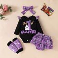 thumbnail image 2 of CONFREE Toddler Baby Girl Halloween Outfits Long Sleeve Cute Ghost Print Bodysuit Shorts With Hairband 4Pcs Hallowmas Outfit Set Fall Clothing Set, 2 of 9