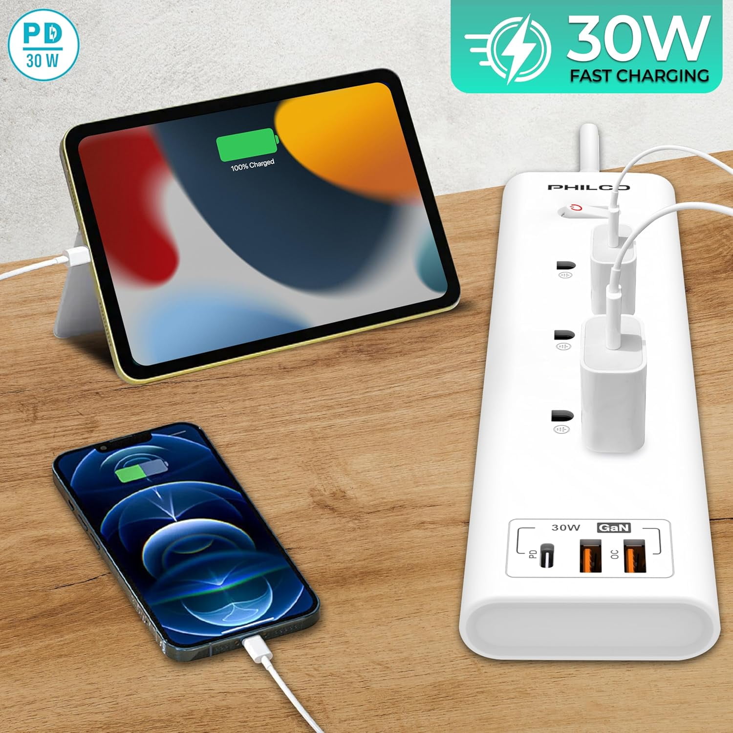 Philco Surge Protector Power Strip, Power Outlet, Surge Protector with USB Ports, 30W 3 Outlets W/ 1 USB-C & 2 USB-A Ports, 6ft Extension Cord with Multiple Outlets, Flat Plug, Home Office Essentials