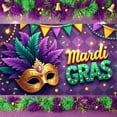 thumbnail image 3 of Colorful Feathers Mardi Gras Banner Golden Mask Happy Mardi Gras Display Purple Gold Green Star Decorations Carnival Backdrop for Carnival Party Mardi Gras Celebration Indoor Decoration, 3 of 9