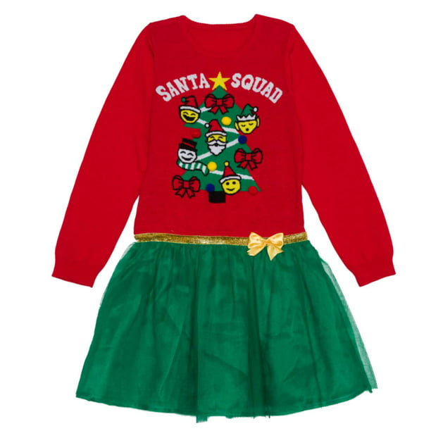 Well Worn Girls Red Green Santa Squad Christmas Holiday Sweater Dress Emoji Elf Walmart Com Walmart Com