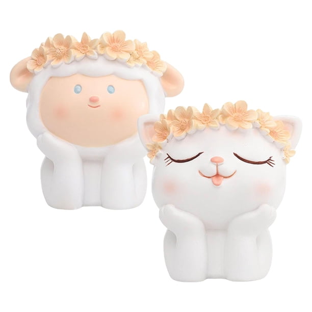 2 piezas de maceta de resina con forma de animal, bonsái, soporte para bolígrafos, jarrón de mesa para sala de estar gatito y oveja