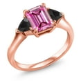 thumbnail image 2 of Gem Stone King 18K Rose Gold Plated Silver 3-Stone Ring Octagon Pink Moissanite and Onyx Black (1.99 Cttw, Size 6), 2 of 4
