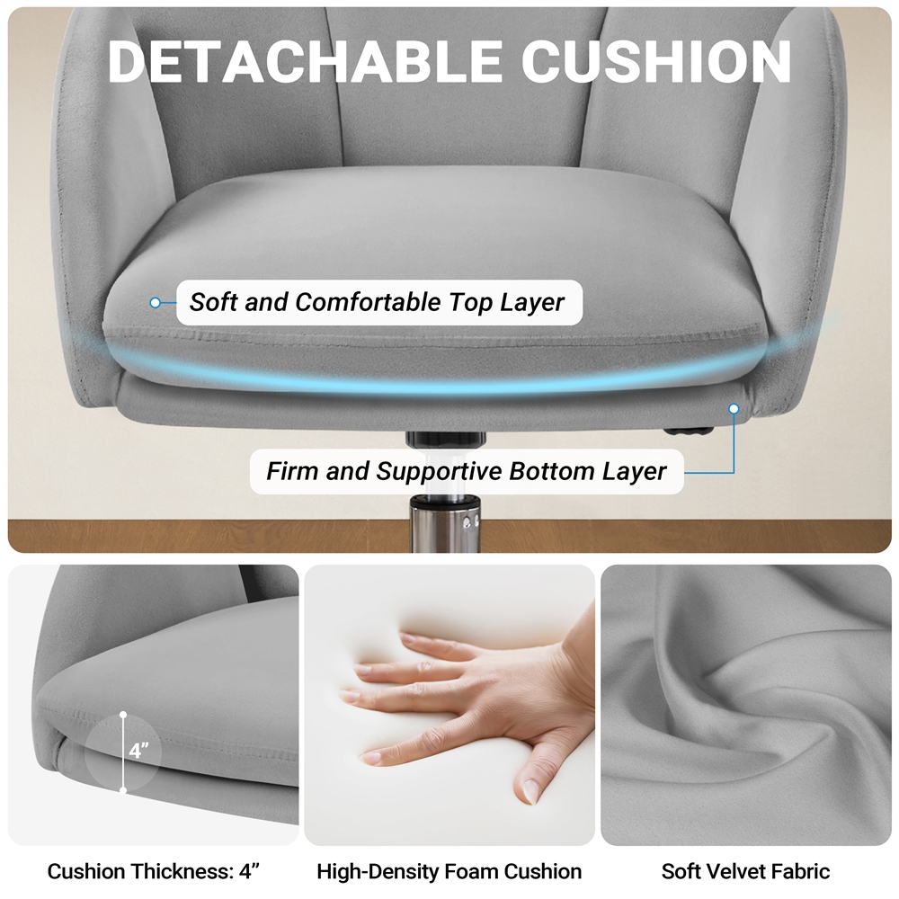 Yaheetech Swivel Rolling Desk Chair Makeup Vanity Chair with Armrests, Light Gray
