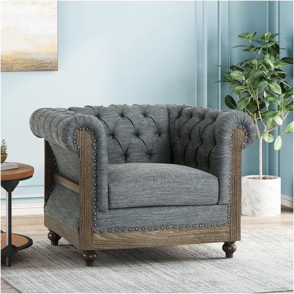 JERFIT Modern Chesterfield Club Chair with Button Tufting and Nailhead Trim, Charcoal Gray Upholstered Accent Chair for Living Room