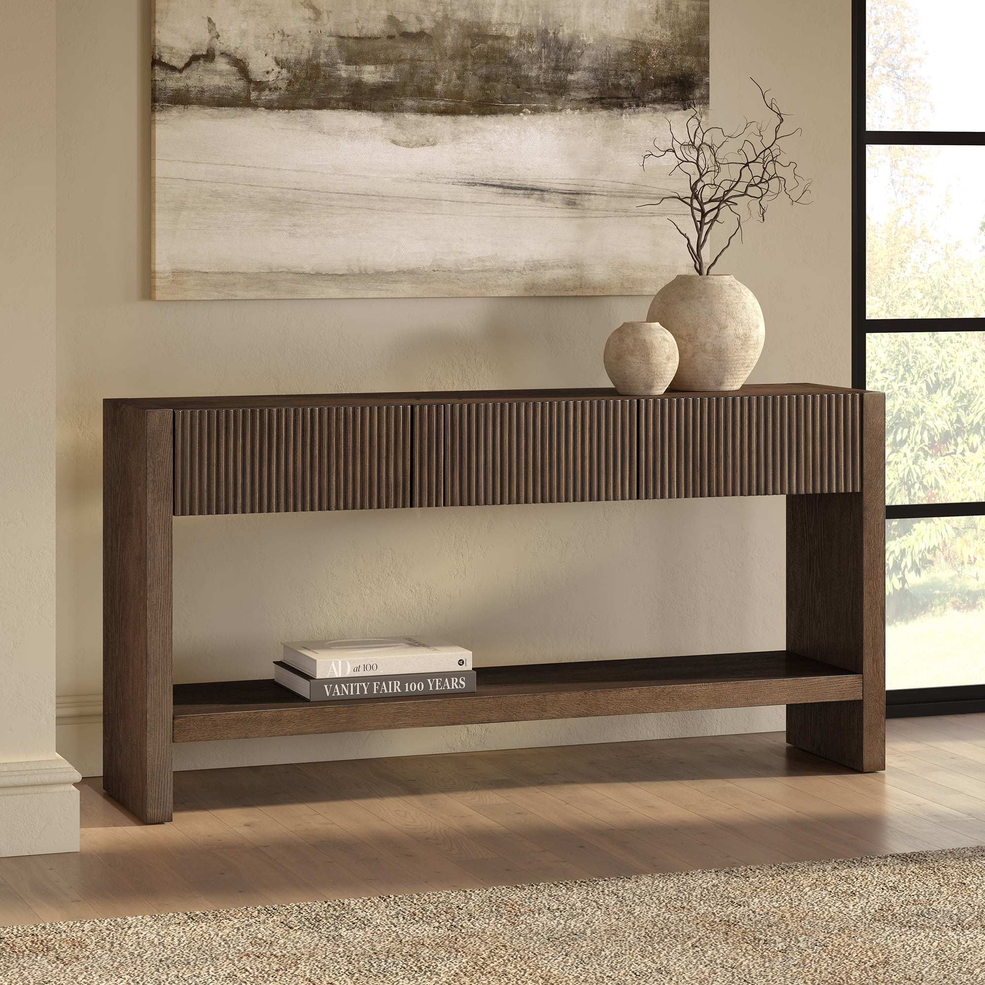 Evelyn&Zoe Modern/Contemporary 60" Wide Brown Oak Veneer Console Table