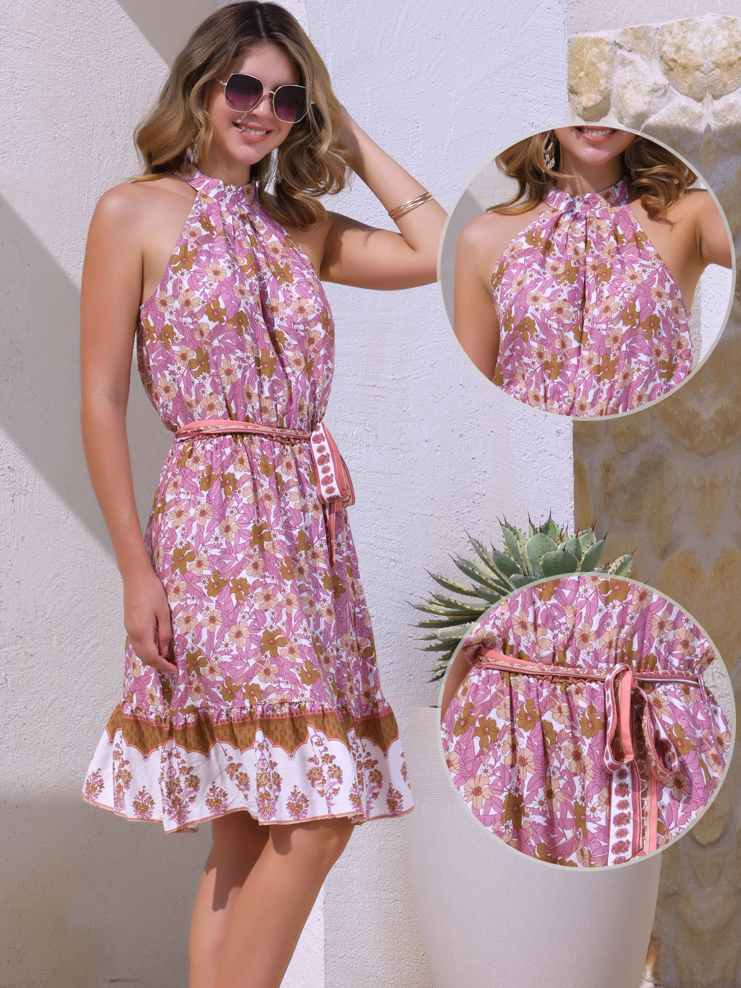 DARING DIVA Halter Neck Sleeveless Floral Boho Dress M White Pink